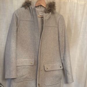J. Crew Heather Gray Trench Coat with Faux Fur Trim